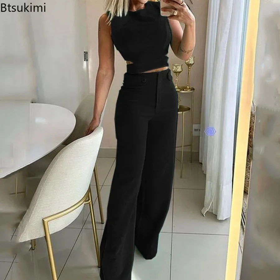 Summer Fashion Women Two Pieces Solid Slim Sleeveless Hollow Out Tops+High Waist Pants Temperament Casual Suits Femme Streetwear