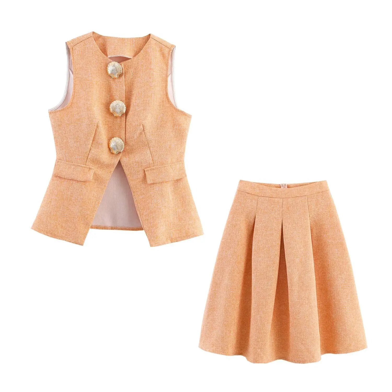 

Женский жилет без рукавов на пуговицах, топ, весенне-осенний модный жилет, юбка, наряд + высокая талия, молния, мини-плиссированная юбка, комплект из двух предметов