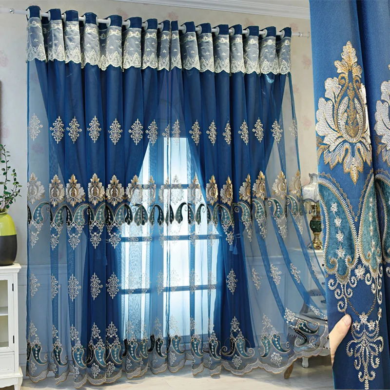 1 Panel 132cm Width European Double Layer Curtain with Valance for Living Room Bedroom Embroidered Luxury Curtain