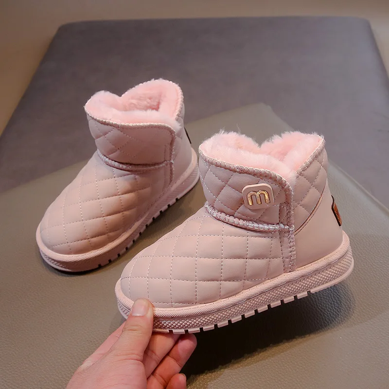 Checkered Faux Fur Shoes 2025 New Child Boys Black Beige Pink School Boots for Girls Cozy Fluffy Warm Baby Snow Boots Velvet