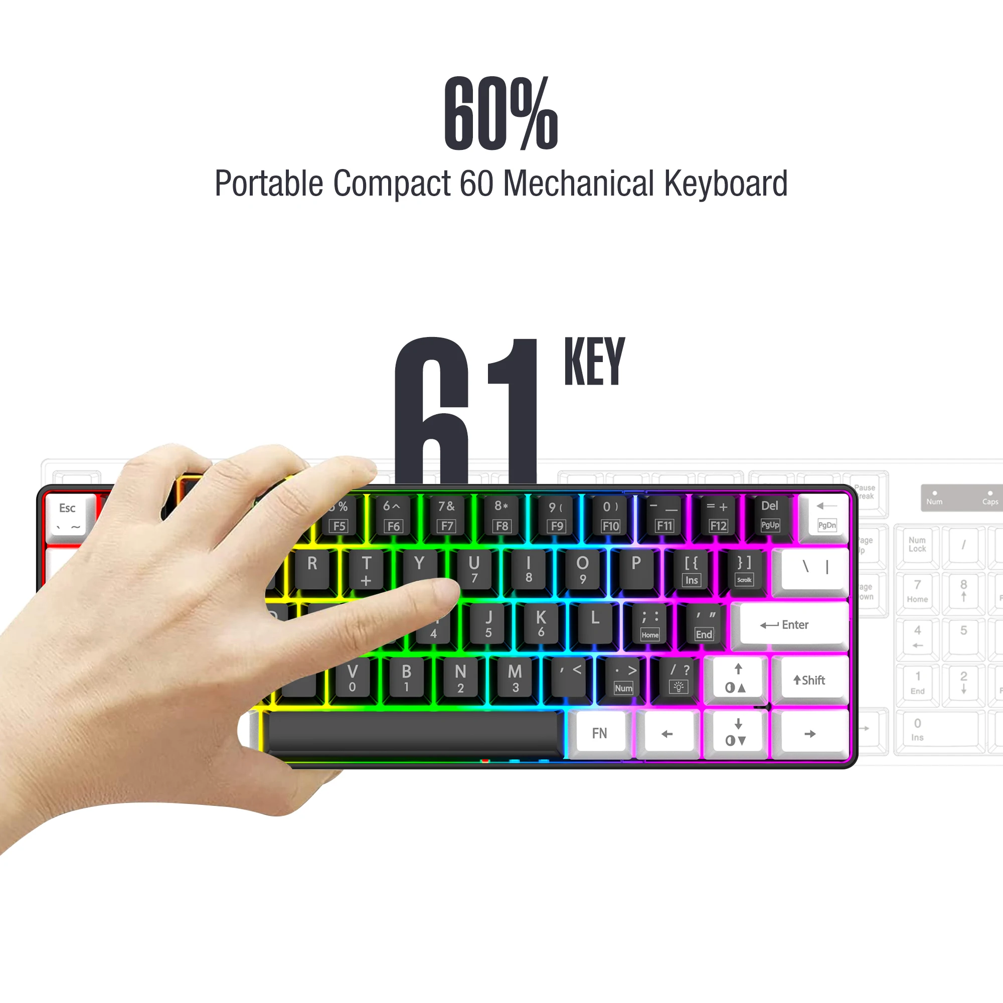 لوحة مفاتيح ألعاب سلكية بنسبة 60%، لوحة مفاتيح صغيرة جدًا بإضاءة خلفية RGB، محمولة مقاومة للماء، لوحة مفاتيح ألعاب الكمبيوتر/MAC