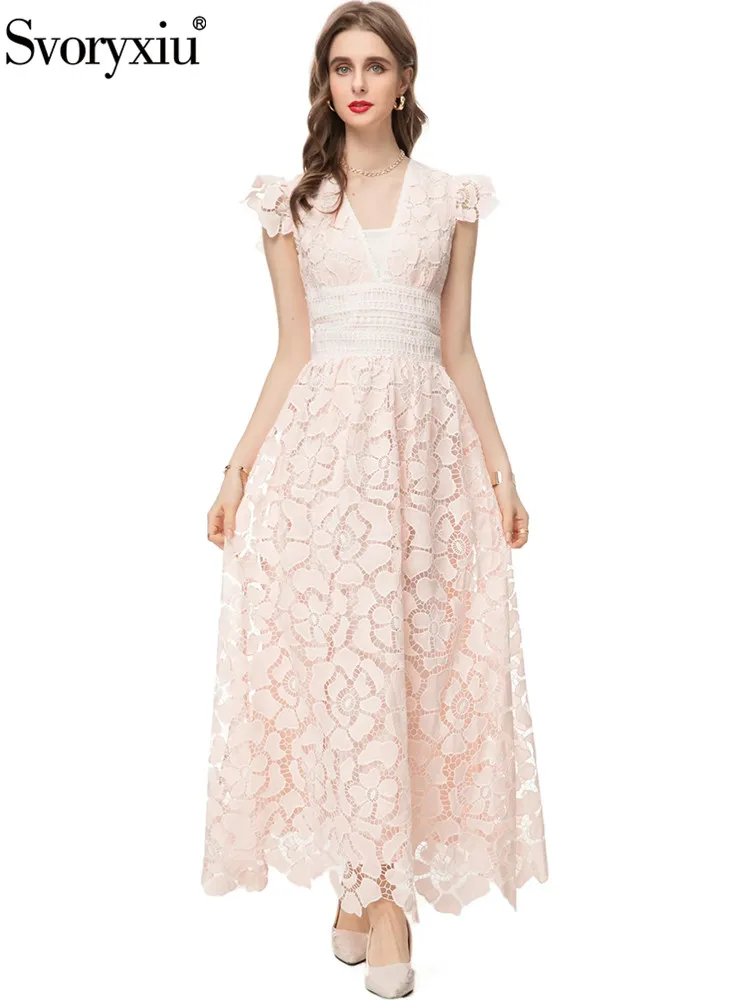 Svoryxiu Fashion Designer Summer Party Pink Elegant Long Dress Women's V-Neck High Waist Hook Flower Hollow A-Line Long Dress