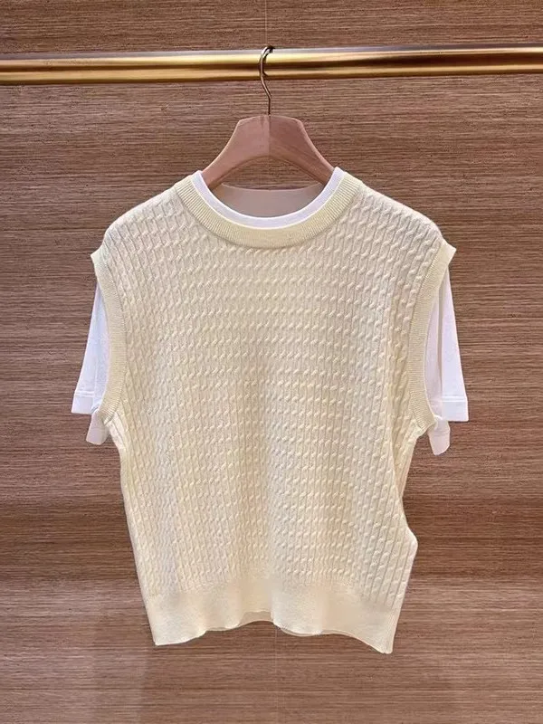 

Korean Sle round Ne Knitted Sweater Fake Two-Piece Design Commute Friendly Versatile Comfortable Anti-Aging Trendy Knitwear
