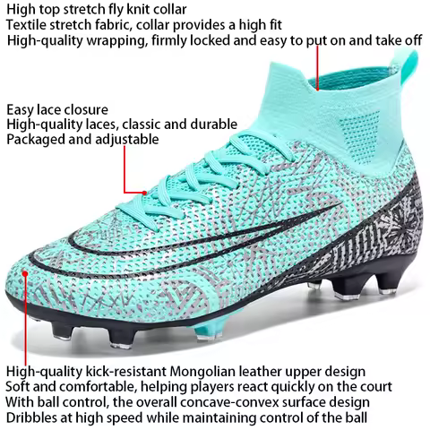 Men Soccer Shoes TF/AG Youth High Top Outsole Non-Slip Cleats Football Boots Lawn Breathable Leather Football Training Sneakers