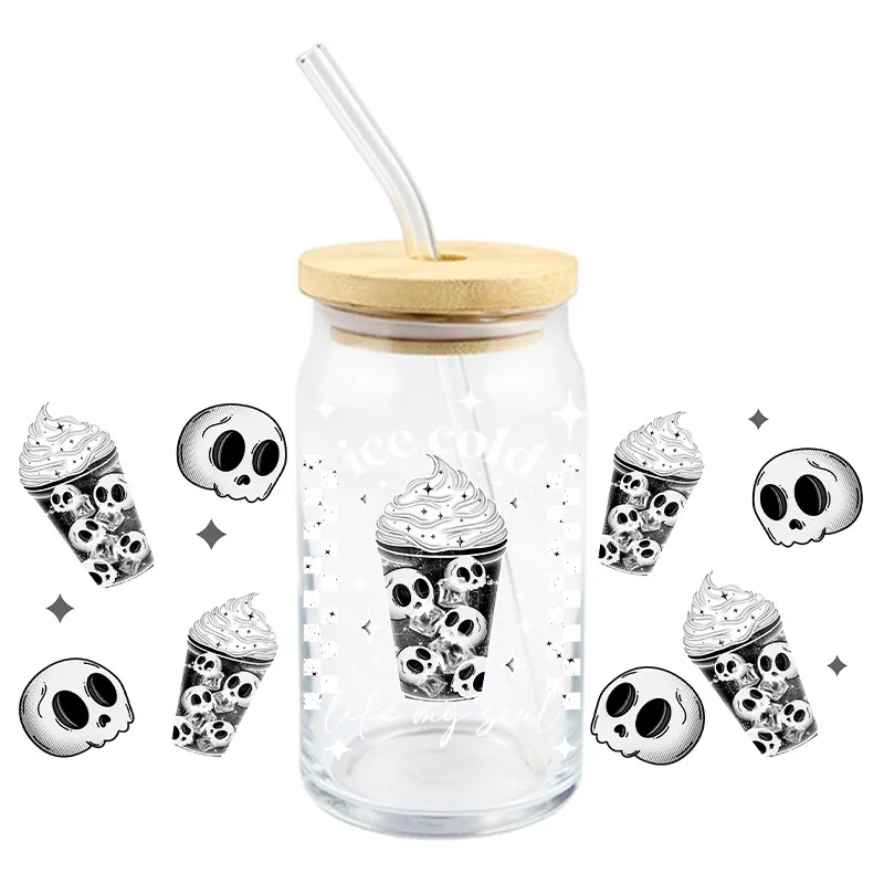 3D UV DTF Transfers Stickers 16oz Cup Wraps Skull Books Personality Printed For DIY Glass Flowers Bow Design Decals