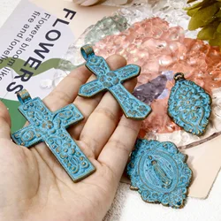 2 PCs Zinc Based Alloy Patina Religious Cross Pendants Antique Bronze Blue Carved Pattern Virgin Mary For Diy Necklace Making