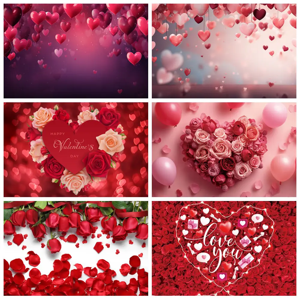 

February 14 Valentine's Day Photography Backdrops Red Rose Glitter Love Hearts Balloons Wedding Portrait Decor Background Props