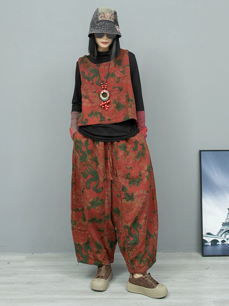 Vintage Printed Cotton Linen Pullover Vest + Wide Leg Pumpkin Pants Two-piece Set Women 2024 Autumn Loose Pant Set ZF227