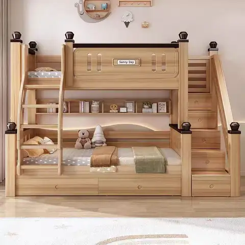 #@2025 Latest Design Solid Wood Multifunctional Bunk Bed for Children and Adult with Storage Stair Underneath Drawers Bed