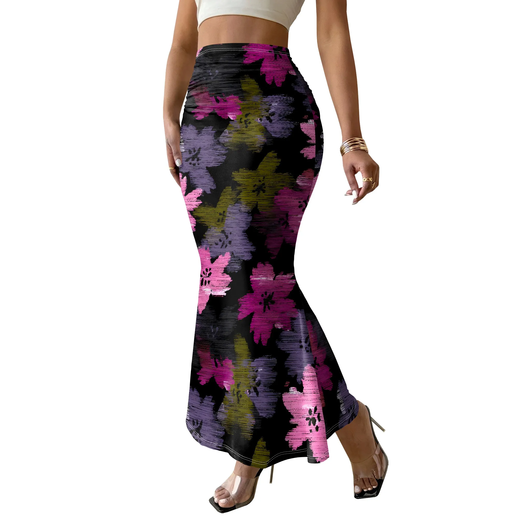 Floral Print Skirt, High Waist Mermaid Skirt, Ruched Bodycon Skirt, Summer Beach Skirt, Elegant Party Wear, S-3XL
