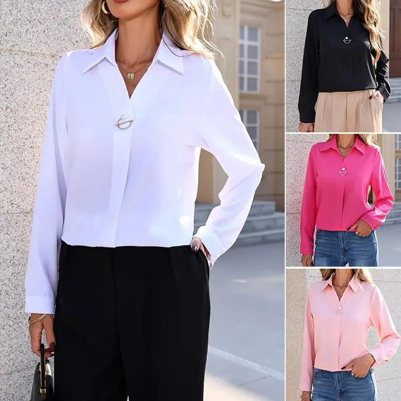 

Белая женская рубашка с длинным рукавом и V-образным вырезом, модный топ в деловом стиле, премиум-одежда для женщин, неэластичная ткань, зимняя коллекция