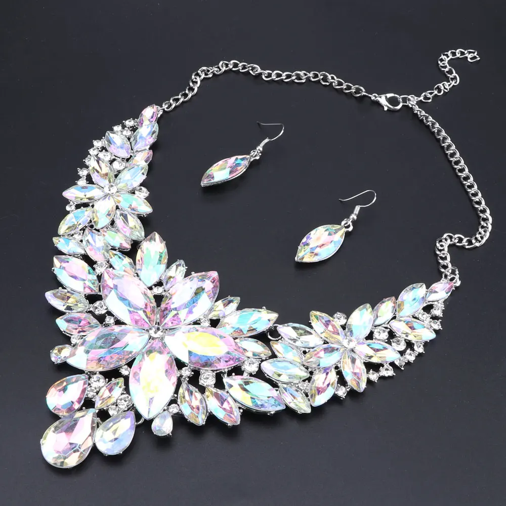 New Luxury Indian Bridal Jewelry Sets Wedding Party Costume Jewellery Womens Fashion Gifts Flower Crystal Necklace Earrings Sets