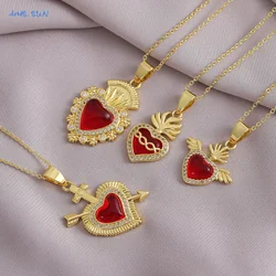 MHS.SUN Fashion Sacred Heart of Jesus Necklace Wings and Red Heart Pendant Gold Plated Necklaces For Women Girls Jewelry Gifts