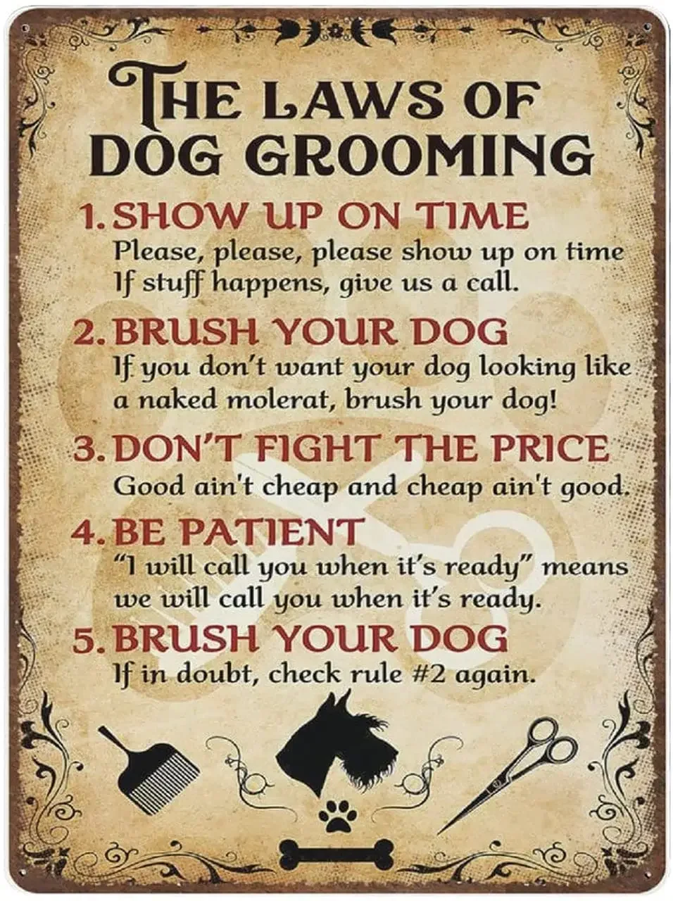 Vintage Metal Novelty Poster Iron Painting The Laws of Dog Grooming Dog Groomer Tin Sign Gift for Dog Groomer Wall Decoration