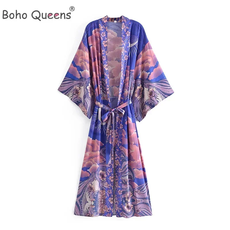 Boho Queens Women Star and Moon Floral Print Bat Sleeve Beach Bohemian Kimono Dresses Robe Ladies Summer Bikini Cover-ups