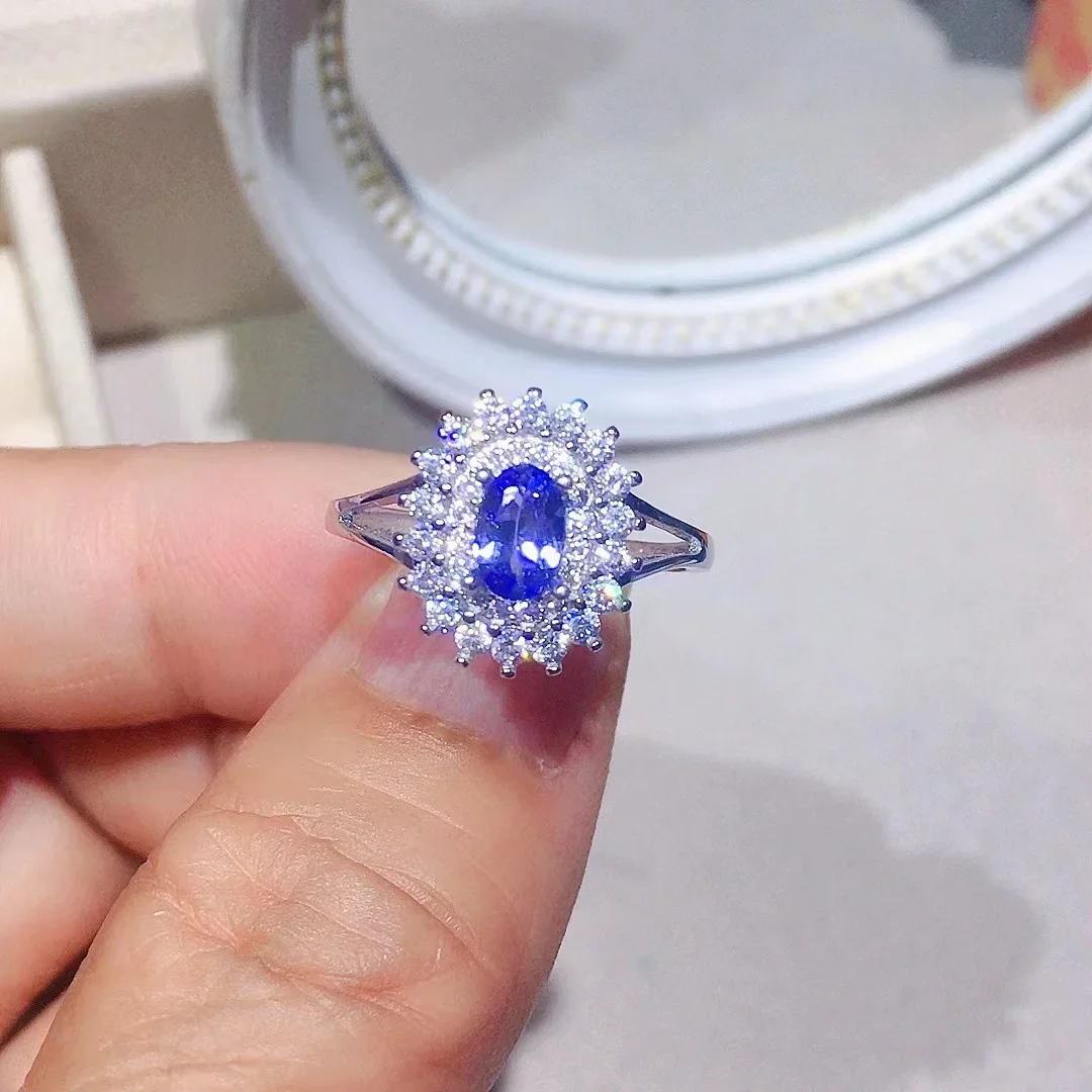 

Classic Double Halo Engagement Ring for Woman 4mm*6mm 0.5ct Natural Tanzanite Ring 18K Gold Plating 925 Silver Jewelry