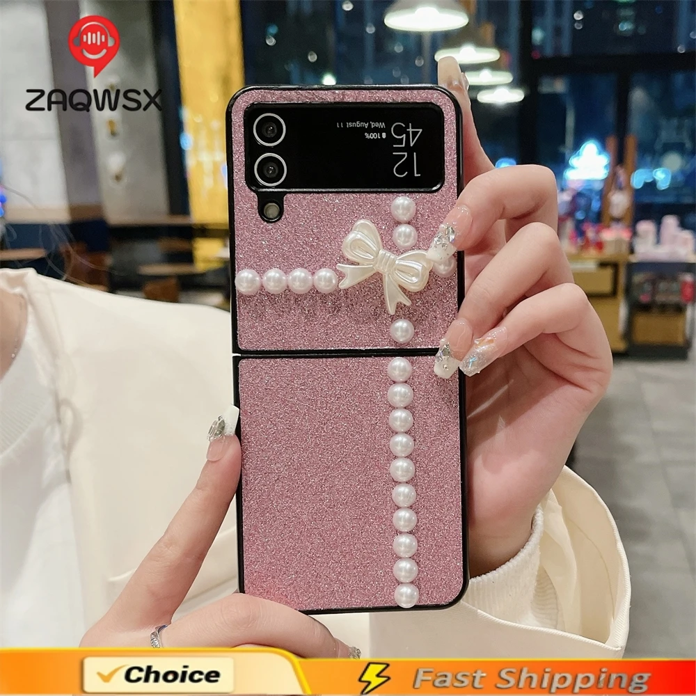 Luxury Pearl Butterfly Glitter Phone Cases for Samsung Galaxy Z Flip 5 4 5G 3 Case Flip5 Flip4 Flip3 Frame Shockproof Hard Cover