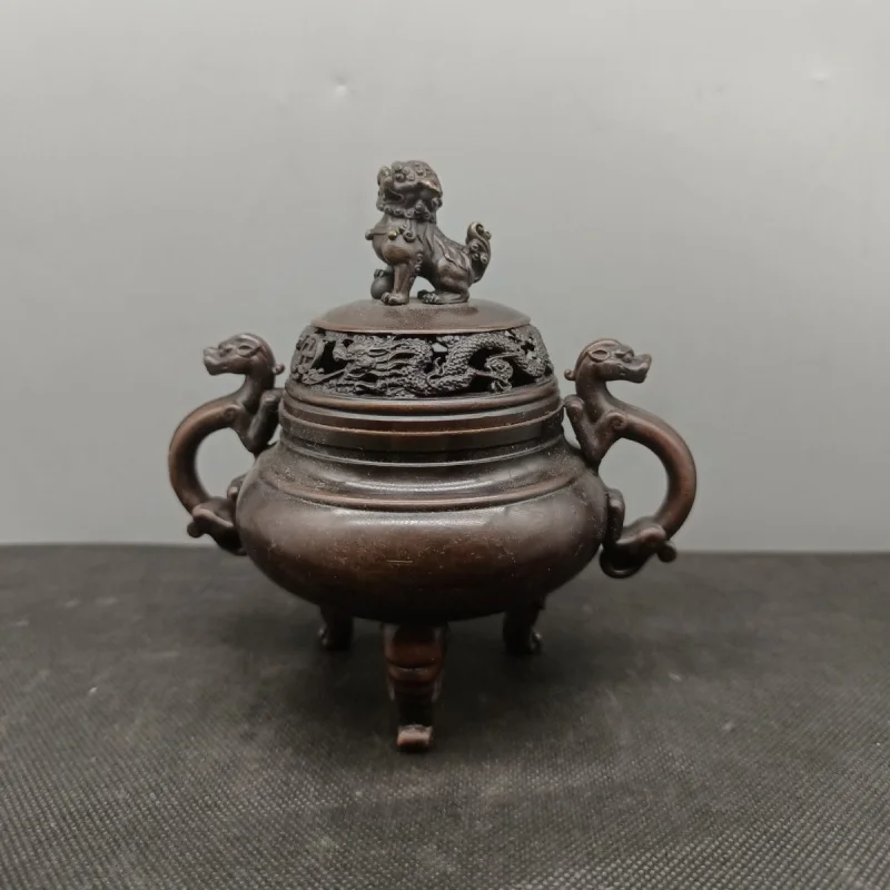 Gilt copper incense burner with double dragon and lion lid, home decoration ornament, collectible gift, handicraft