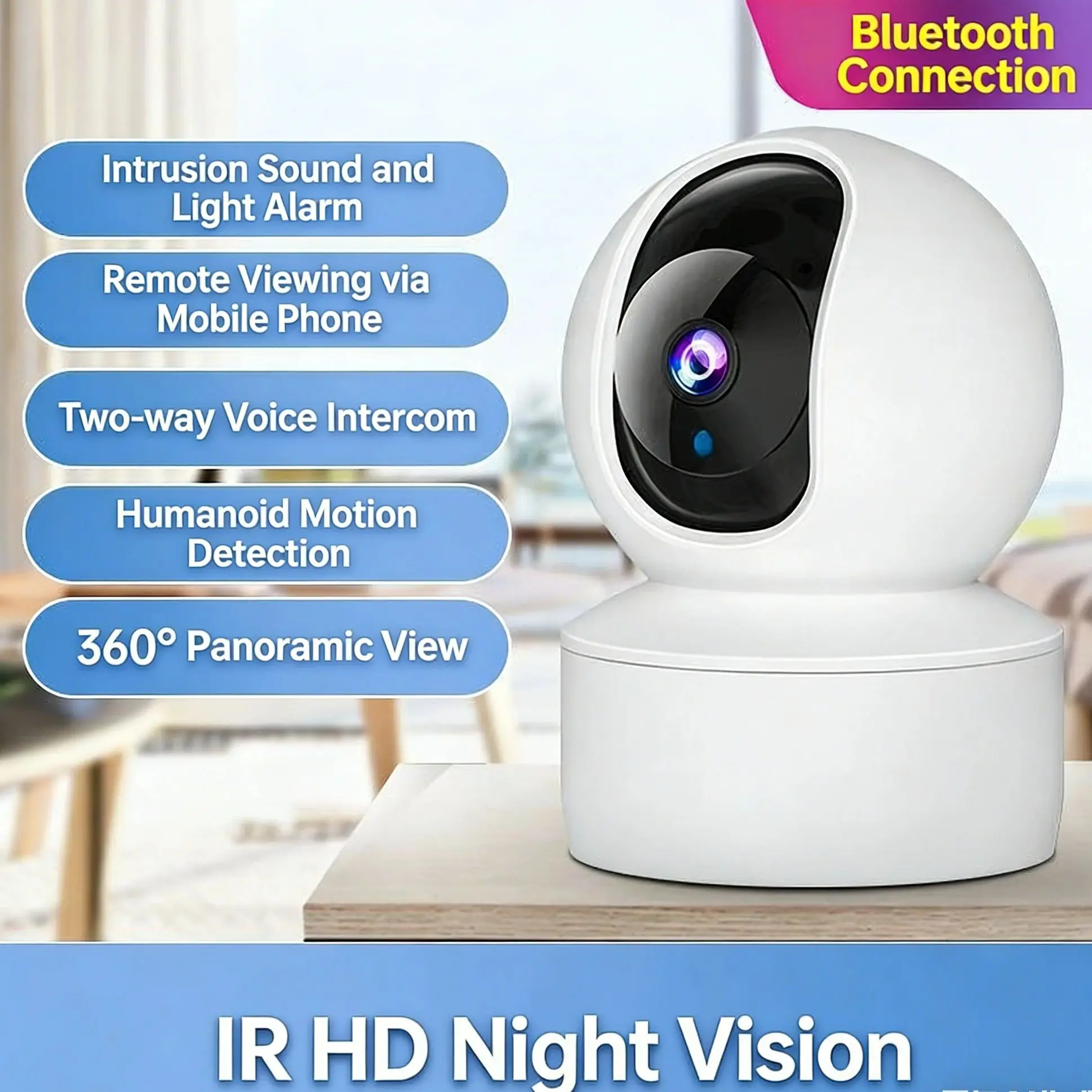 WiFi Smart Home Security Camera 360° Panoramic View Indoor Wireless Surveillance Camera with Remote Phone Monitoring