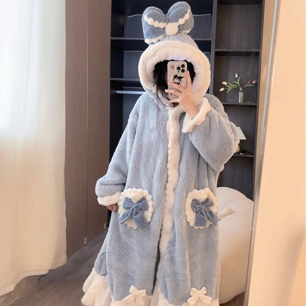 رداء نوم من الصوف المرجاني على طراز الأميرة للنساء ملابس منزلية شتوية سميكة لطيفة وناعمة للفتيات رداء نوم