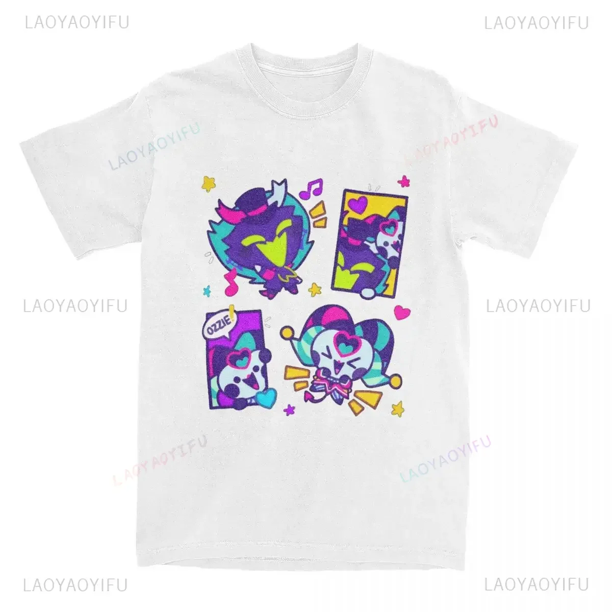 تي شيرت ربيع 2025 Helluva Boss Ozzie & Fizz أنيمي تي شيرت قطني ناعم للجنسين ملابس الشارع الشهير تي شيرت للرجال والنساء Kawaii Chibi عيد الحب جرافيك