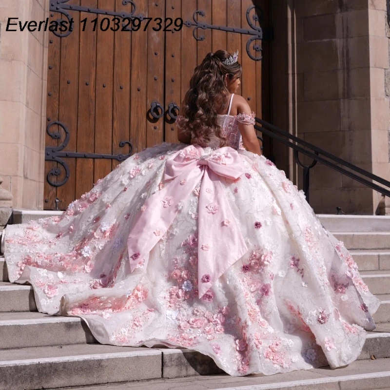 EVLAST Customized Mexican Pink Quinceanera Dress Ball Gown Flowers Lace Applique Beaded Bow Sweet 16 Vestidos De 15 Anos TQD769