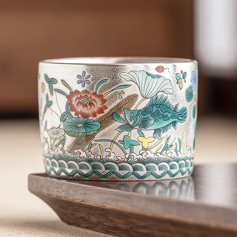Fish Play Lotus Pond Straight Cup High-grade Hand-painted 999 Silver Master Cup Chinese Traditional Lotus Pond Map Teacup Gifts