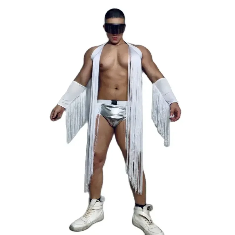 Men Sexy Pole Dance Clothing Gogo Costume White Long Fringes Vest Laser Shorts Nightclub Bar Dj Ds Stage Rave Outfit XS5445