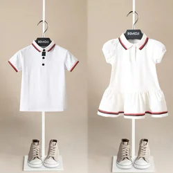 Brother Sister Clothes 2024 Summer New White Cotton Girl's Dress or Boy's Polo Shirt Short Sleeve TopPiece Suit