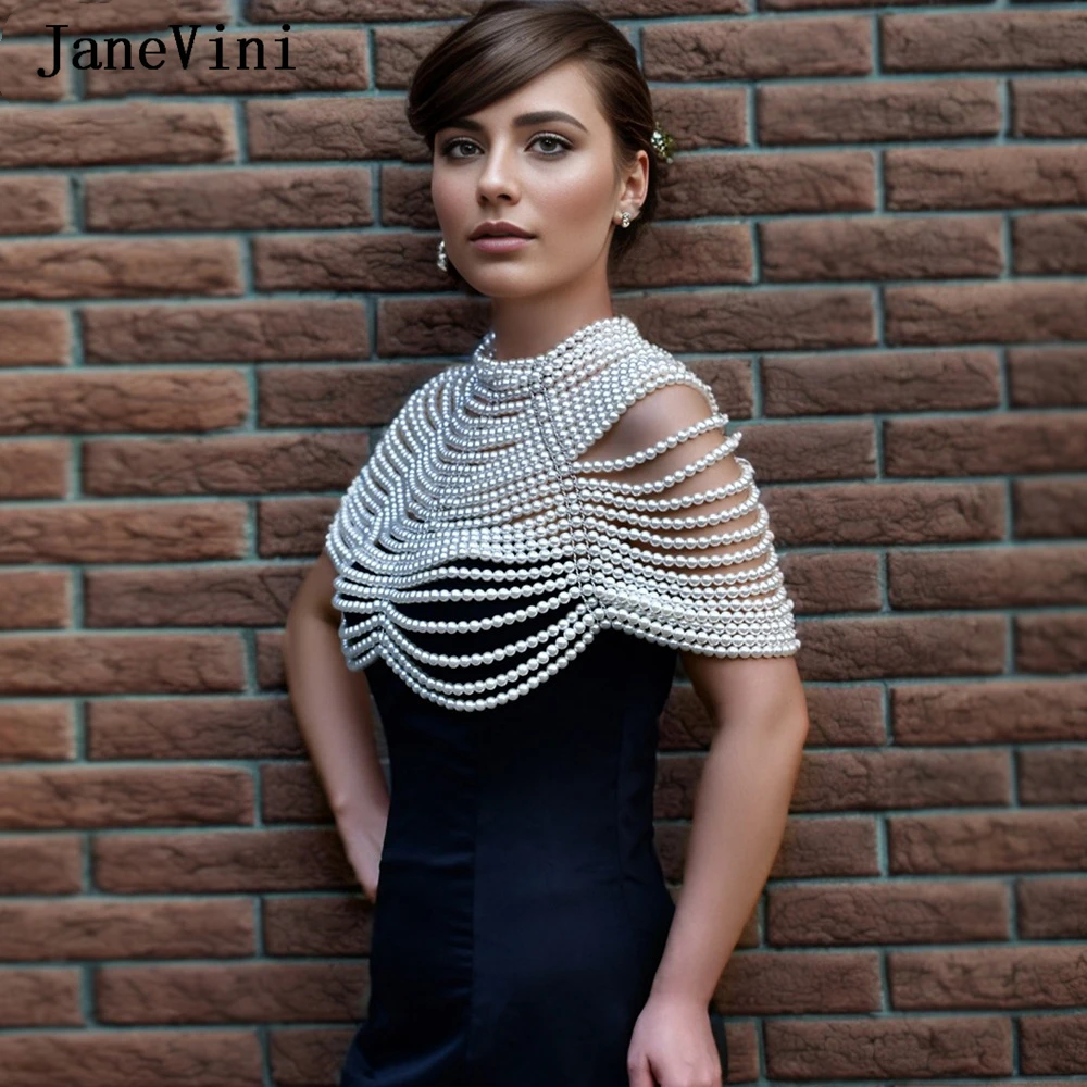 JaneVini Elegant Women Shawl Necklace Layers Pearl Body Chain Dress Nightclub Shoulder Cover Chain Bra Bridal Wraps Wedding Cape