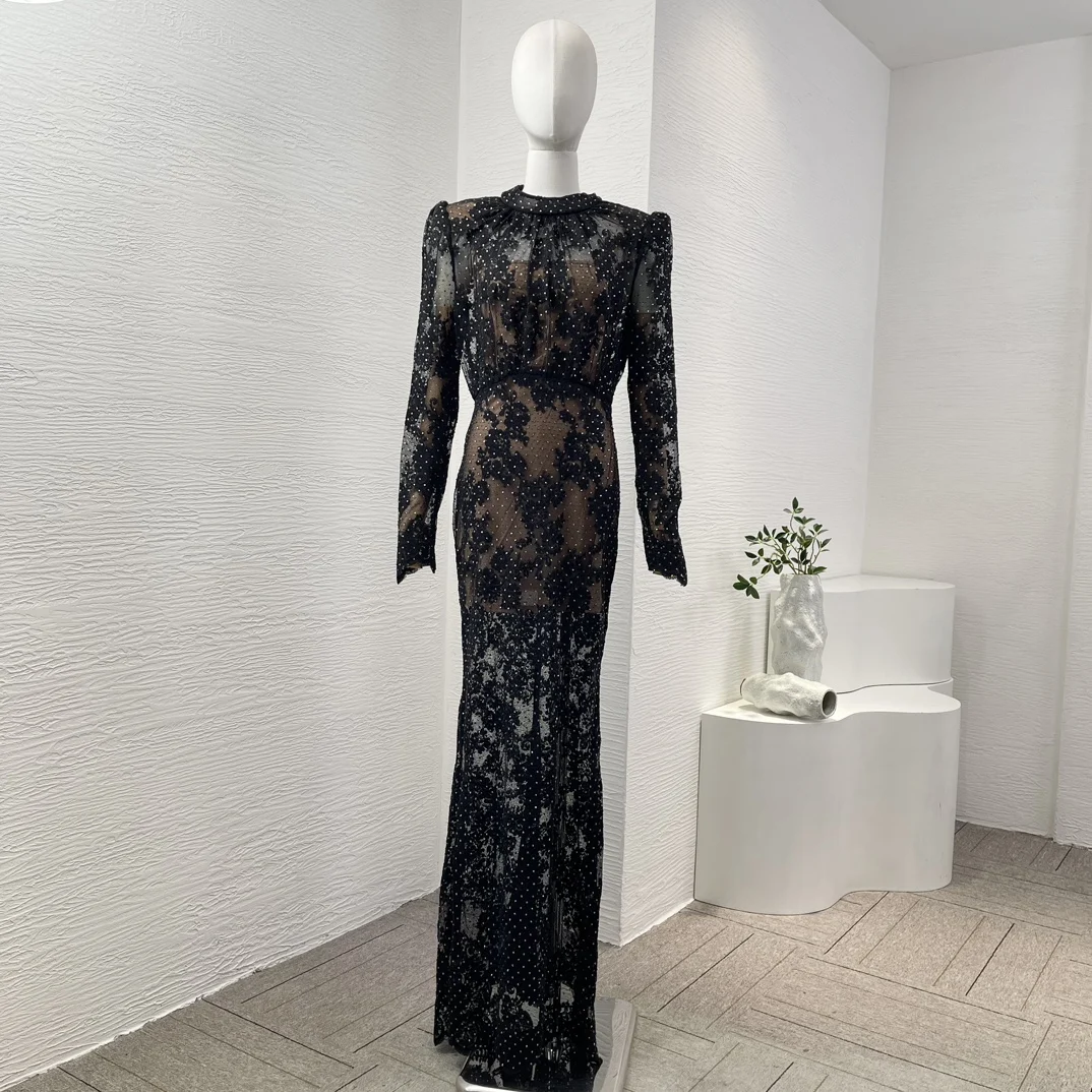 

White Women 2024 New Design Clothing Long Sleeve Elegant Gowns Lace Patchwork See Through Mermaid Black Black Maxi Dress