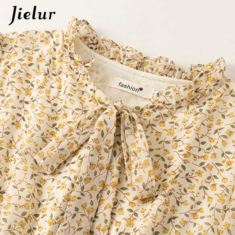 Yellow Short-sleeved Floral Chiffon Womens Dresses Korean Style Fashion Sweet Midi Dresses Women A-line Bow Collar Dress S-XXL