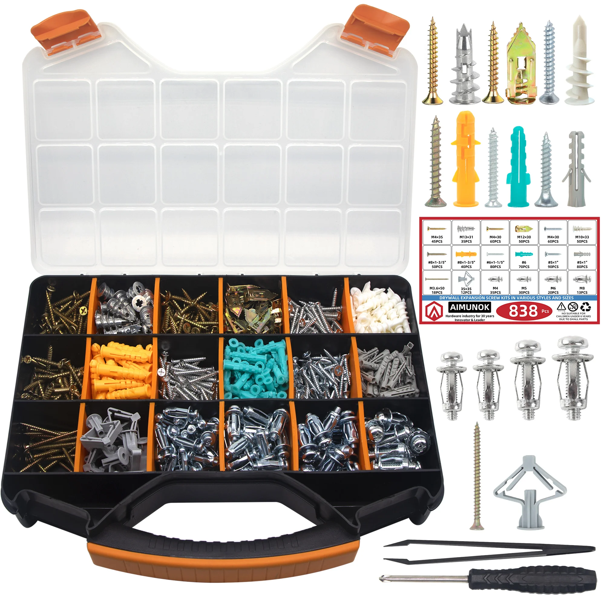 AIMUNOK 838-Piece Value Combo Set Plastic Drywall Anchor kit with Screws and Petal nut Expansion nut mounts, 11 Sizes Total