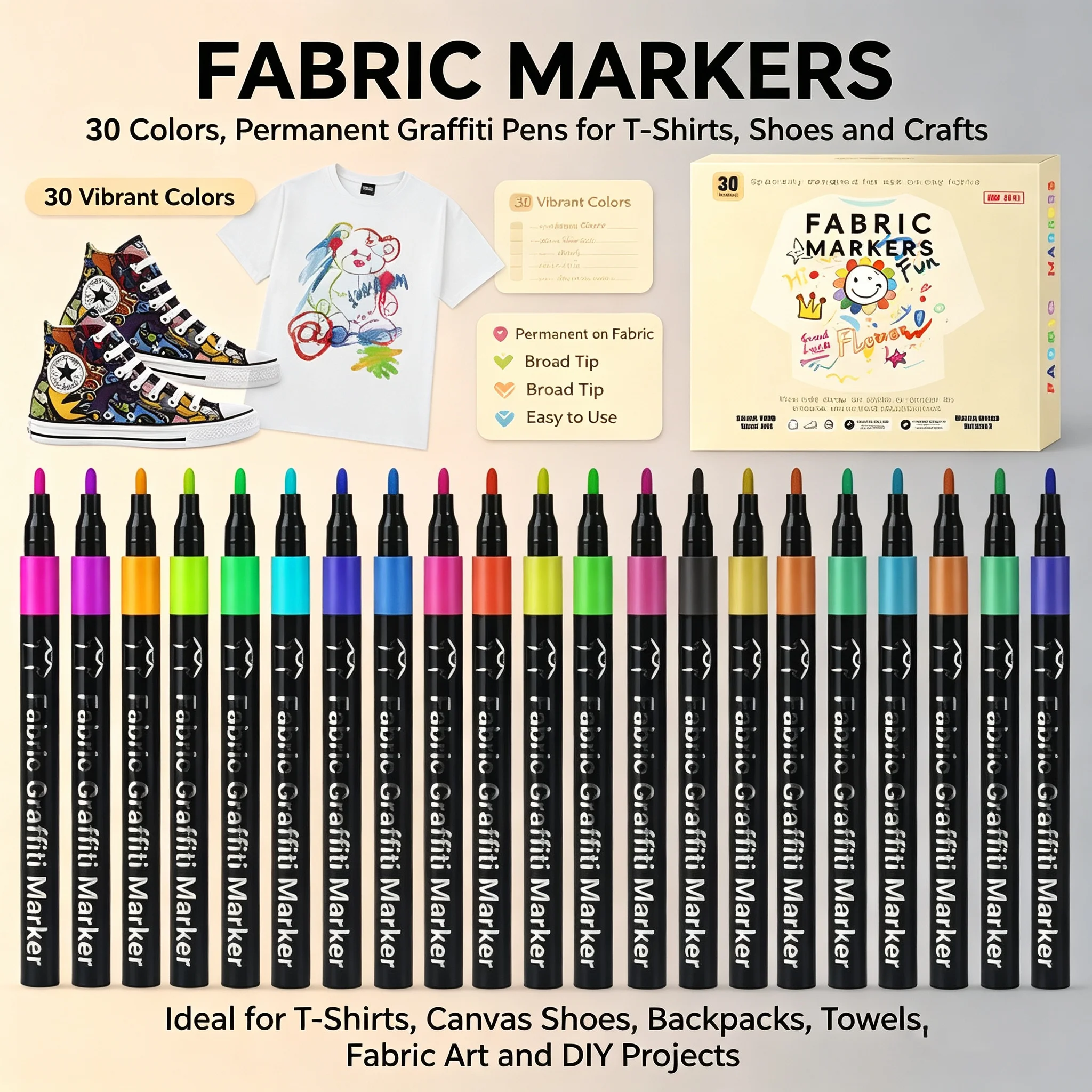 6-30 Colors Fine Tip Fabric Markers, Permanent No Bleed Textile Pens for T-shirt, Bags Canvas Clothes DIY Drawing Art Supplies