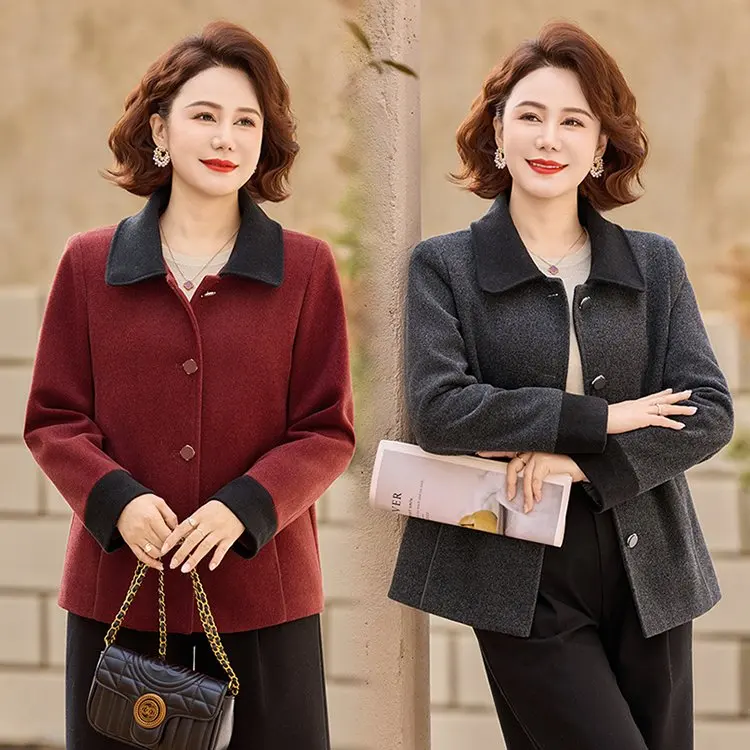 

Faionable ort Woolen Jaet Collared Contrast Color Middle-Aged Women's Spring Outfit Mommy Sle Commute Windbreaker