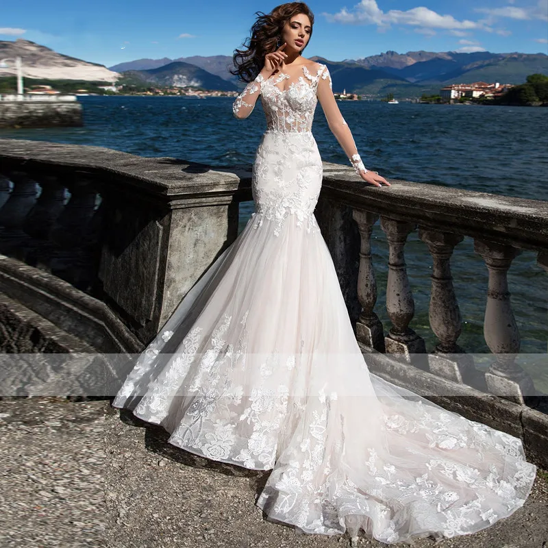 Vestido de novia de manga larga con cuello redondo y botones de sirena para mujer, vestido de novia adornado de tul blanco, 2023