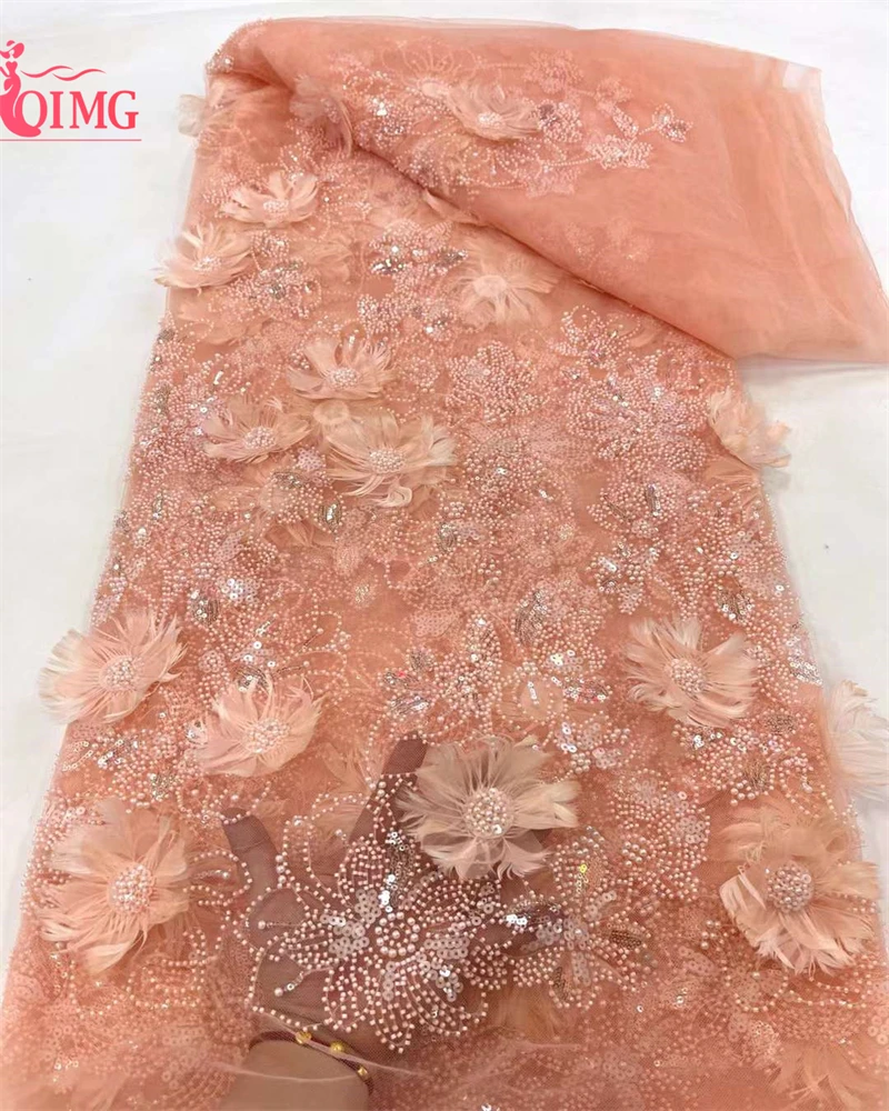 

OIMG 2024 Luxury Elegant Handmade Embroidery Sequins Beaded Lace High Quality African Sequins Lace Fabric for Wedding Sewing