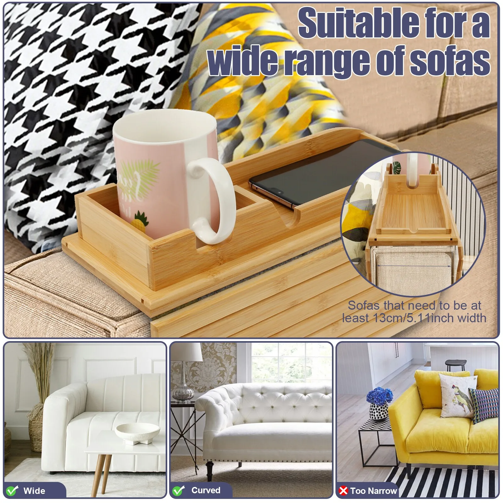 

Поднос с подстаканником для дивана 2 в 1, подлокотник для дивана из бамбукового дерева, съемный lejVz