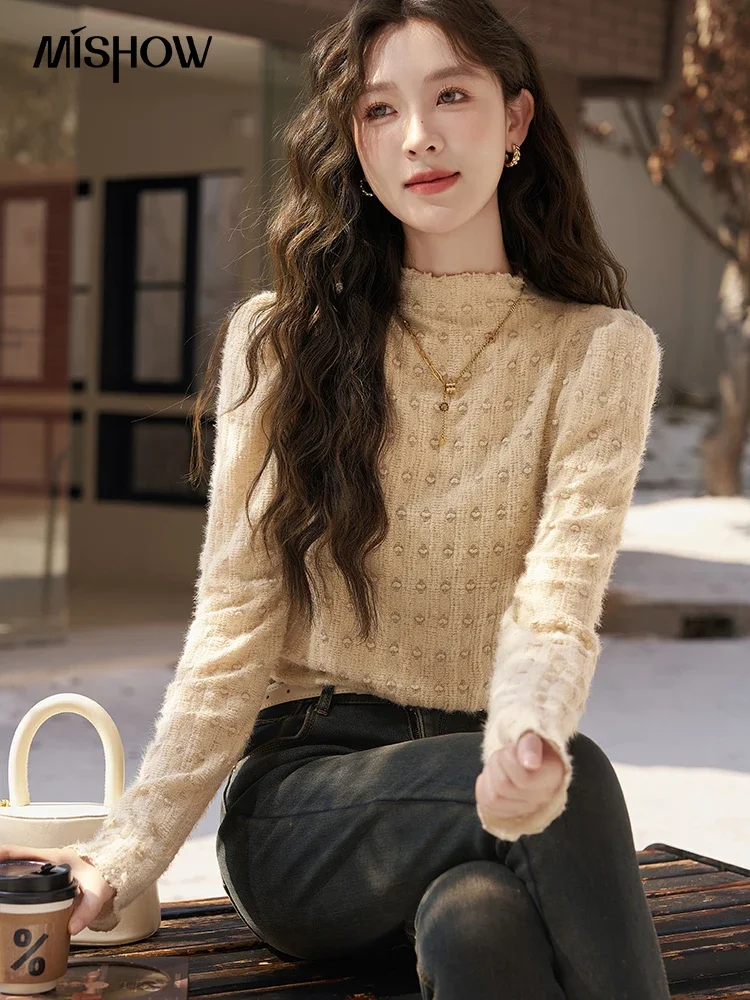 MISHOW Lace Bottoming Shirt Women Autumn Winter Mock Neck Long Sleeve Knitted Pullover French Warm Inner Top Female MXC58Z0481