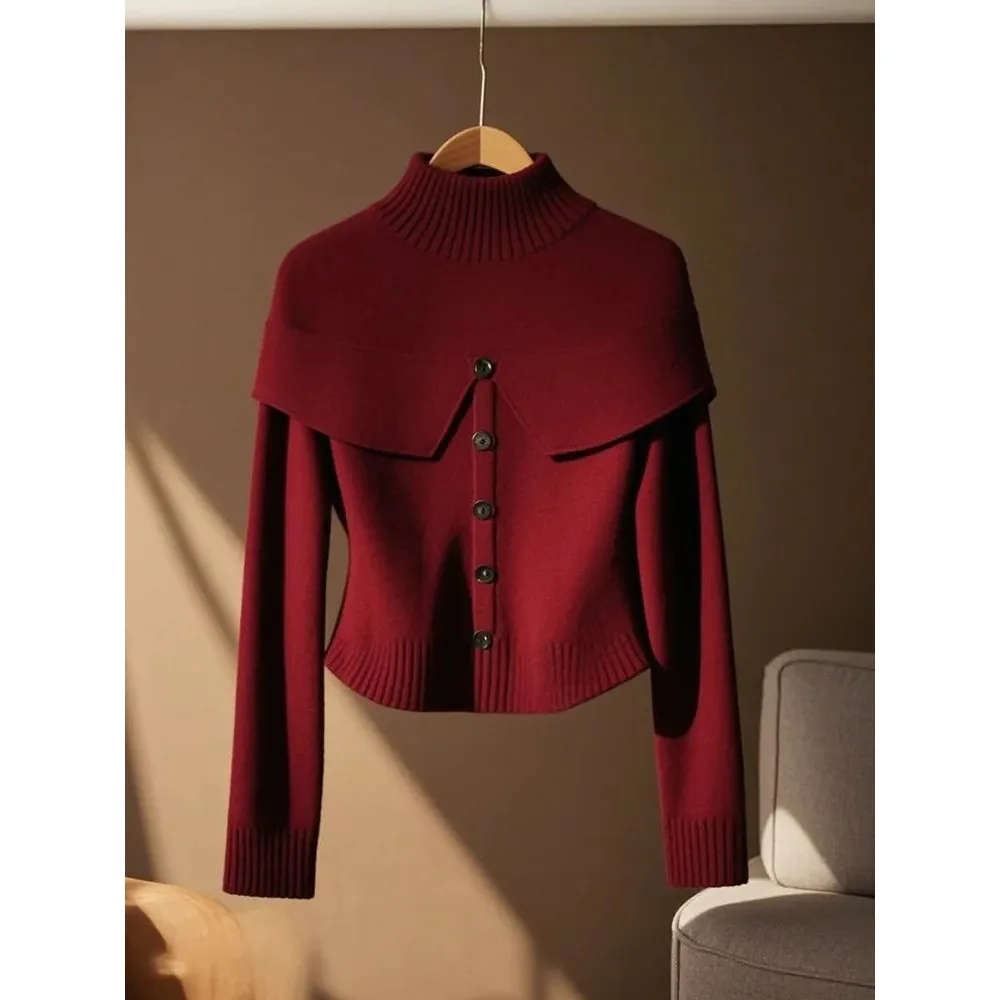 Ankola Red Wear With Soft Waxy Vintage Vintage Red Turtleneck Fake Two-Piece Long-Sleeved Knitted Sweater Jacket Autumn