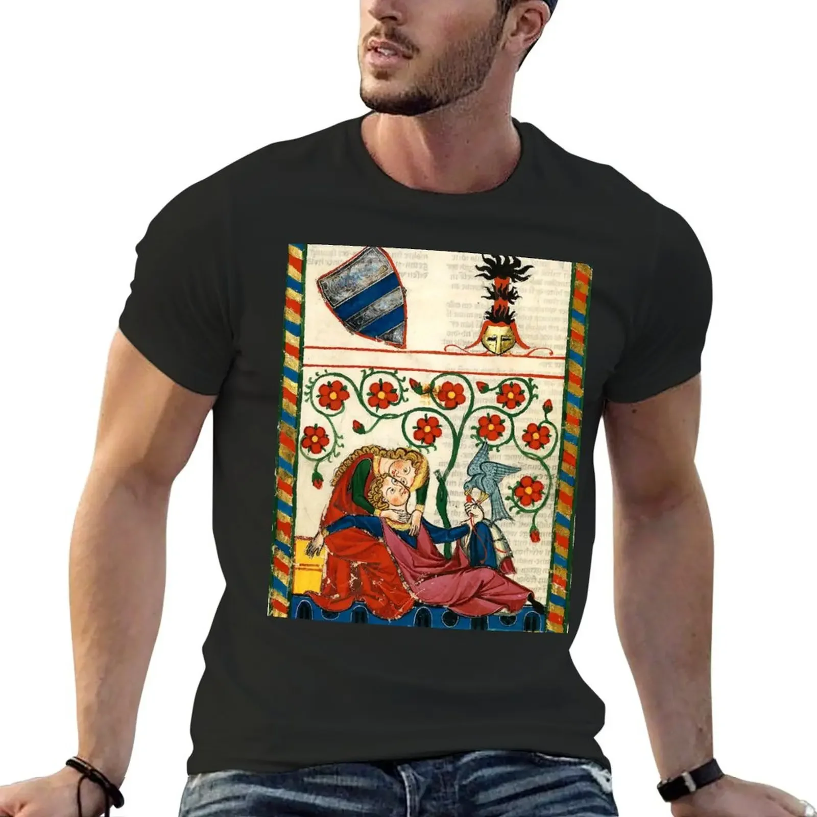 ROMANTIC LOVERS , MEDIEVAL MINIATURE WITH WILD ROSES T-Shirt anime t shirts blacks kawaii clothes Men's cotton t-shirt