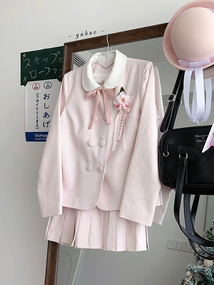 

Новый осенний японский сладкий комплект из 2 предметов в консервативном стиле, женский модный пиджак + плиссированная юбка, униформа Харадзюку, JK, корейский дизайн, наряды