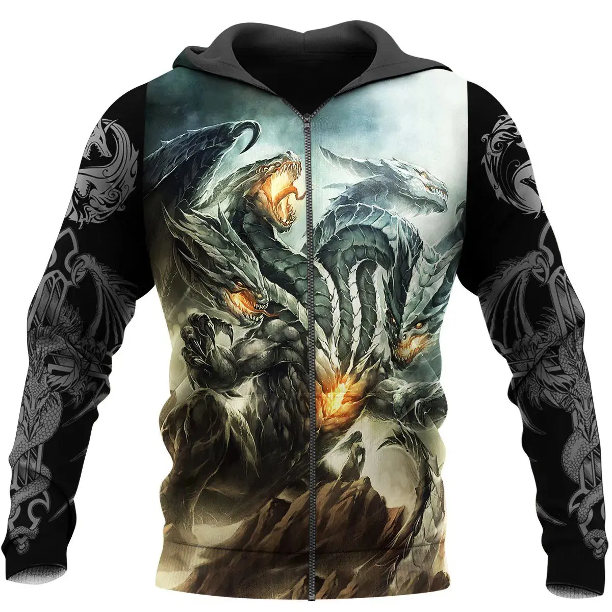 Capuz masculino estampado em 3D para tatuagem e masmorra Dragon, moletom unissex Deluxe, pulôver com zíper, streetwear casual, outono e inverno