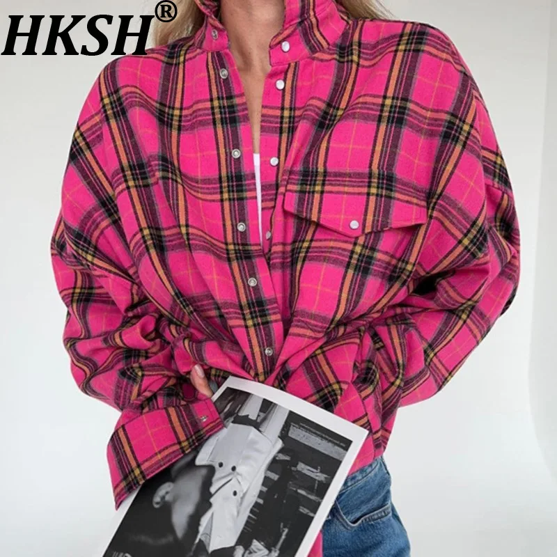 

HKSH Spring Autumn New Women Shirt Plaid American Retro Long Sleeves Turn-down Collar Single Breasted Pocket Chic Blouse HK17658