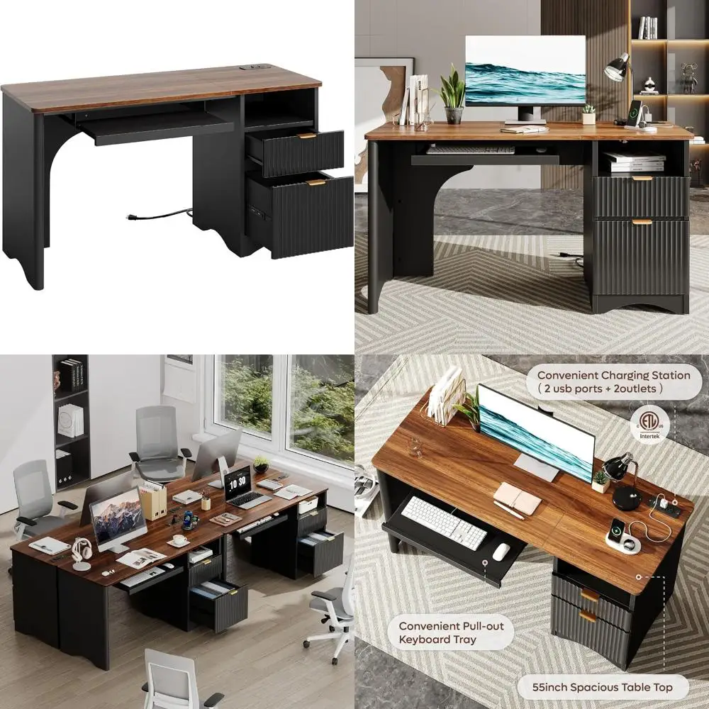 

55 Walnut & Black Office Desk with Power Outlet and Single-Sided File Drawer