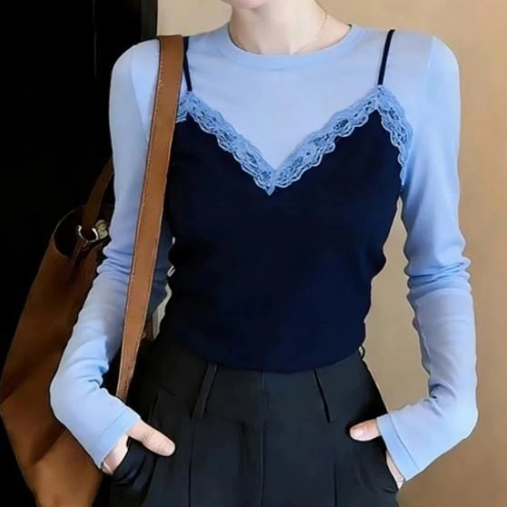 Spring Contrasting Lace New Dopamine Wear Spring Shirt Thin And Age-reducing Two Pieces Of Korean Version Primer
