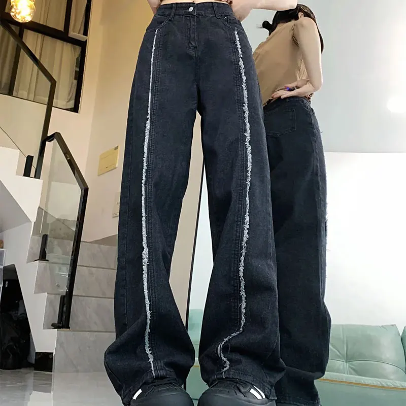 

Stylish Black Raw Seam Frayed Trim Trousers Female Clothing High Waist Denim Pants Vintage Wide Leg Streetwear Straight Jeans