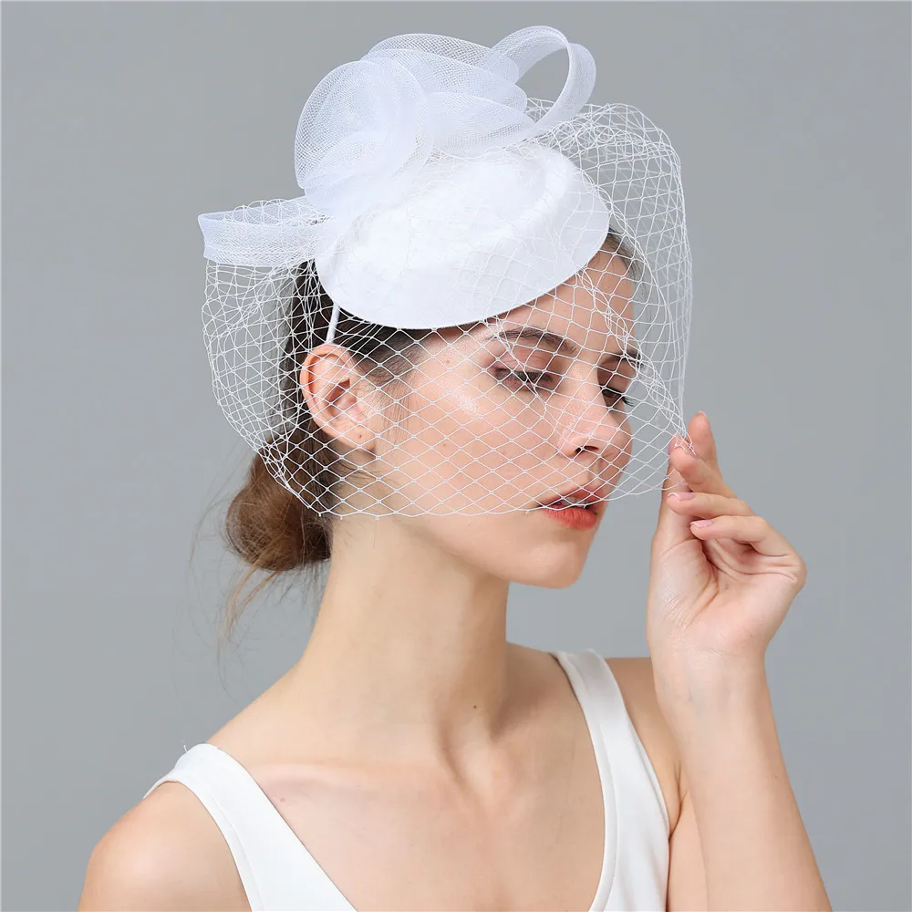 

White Net Fascinator Veils Hats Hair Clip Women Bride Headpiece New Fashion Pillbox Hat For Party Dinner Race Chapeau Cap