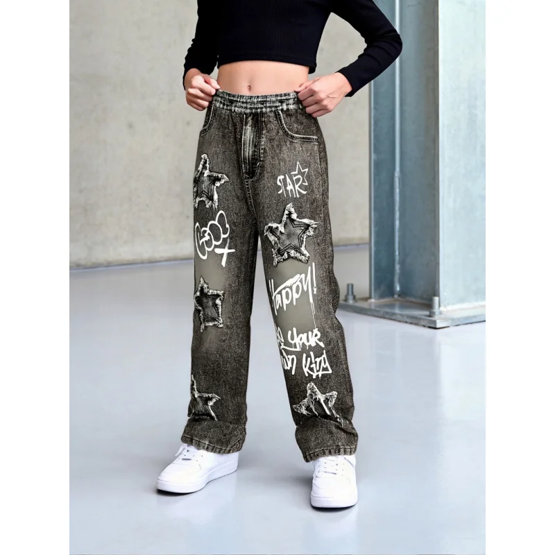 

2025 Vintage Distressed Star Decorated Faux Jeans A Bold Choice That Shows Your Personality