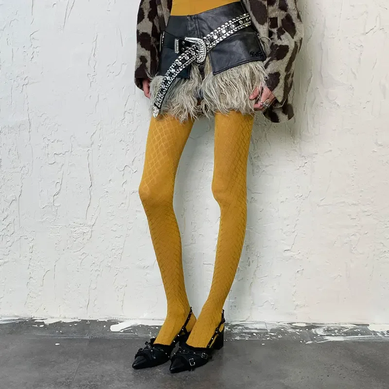 Women's Burnt Orange Wave Pattern Tights High Waist Stretch Pantyhose Retro Y2K Textured Stockings for Autumn Winter Streetwear